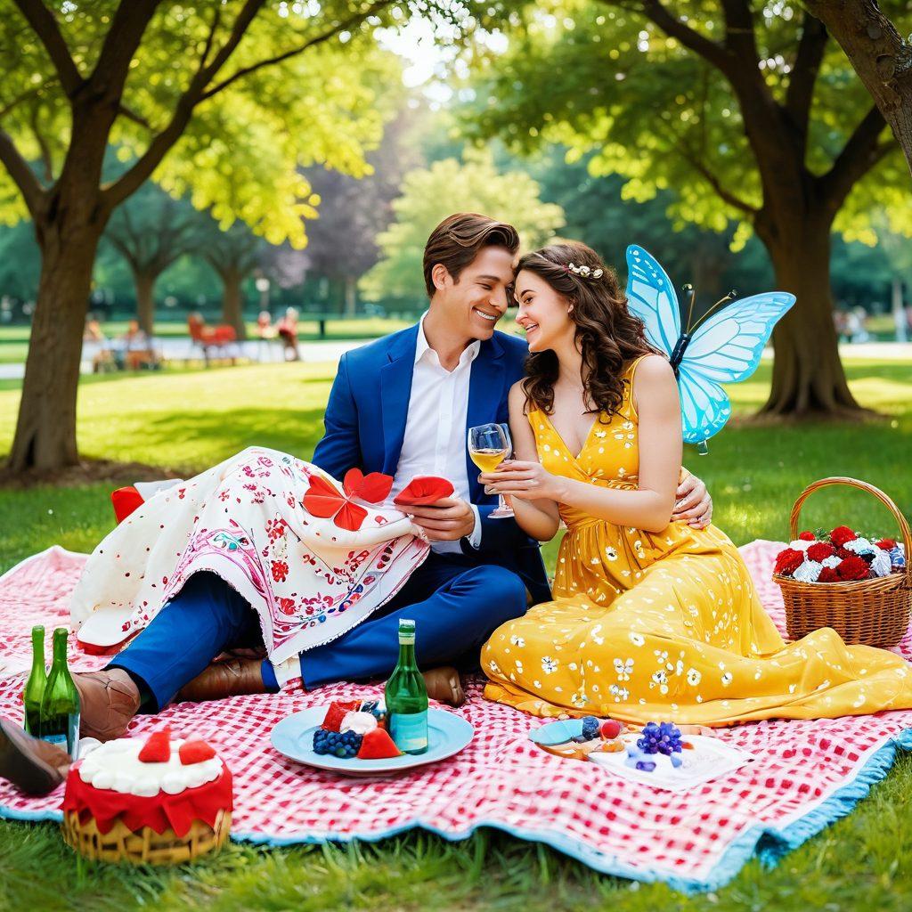 A whimsical scene depicting an intimate picnic in a sunlit park, featuring a couple laughing joyfully surrounded by colorful blankets, playful wine glasses, and a heart-shaped cake. The background showcases blooming flowers and fluttering butterflies, symbolizing romance and lightheartedness. The couple's expressions convey happiness and connection. Bright colors and a soft, dreamy atmosphere. vibrant colors. super-realistic.