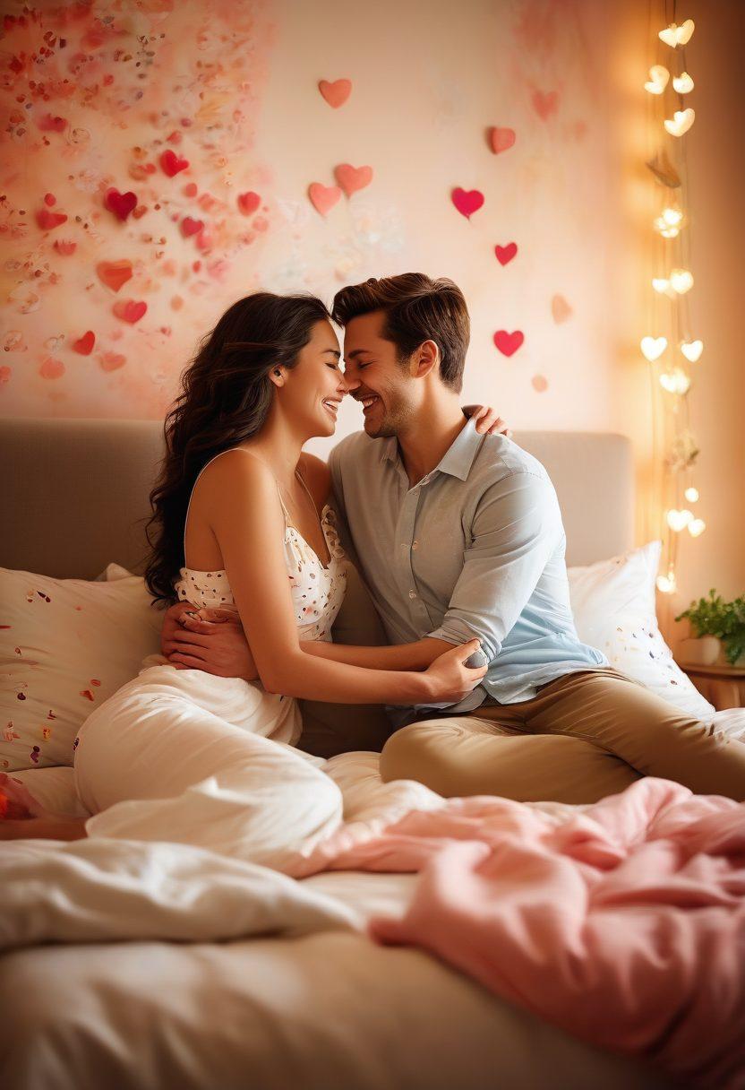 A serene bedroom scene with soft, warm lighting, featuring a couple joyfully laughing together, surrounded by whimsical elements like floating hearts and playful sketches of sensual symbols. The background should include cozy decor, enhancing a feeling of intimacy and joy. Emphasize a sense of connection and blissful energy in their expressions. soft-focus. vibrant colors. romantic ambiance.