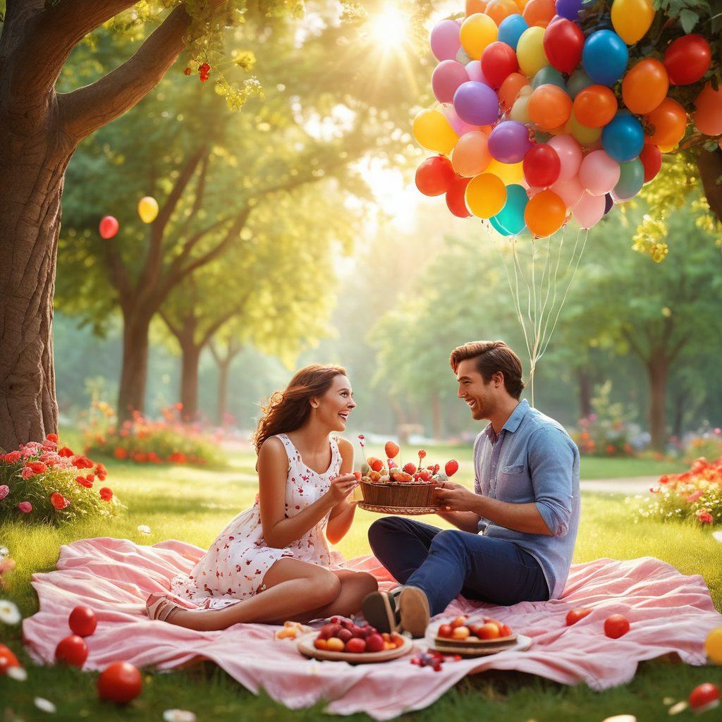 A whimsical illustration depicting a couple enjoying a scenic picnic in a blooming park, surrounded by vibrant flowers and colorful balloons. The couple is laughing with playful expressions, sharing delightful treats like chocolate-covered strawberries and pastries. Soft sunlight filters through the trees, casting a warm glow on their joyful faces. This scene captures the essence of romance, indulgence, and fun. painting. vibrant colors. 3D.